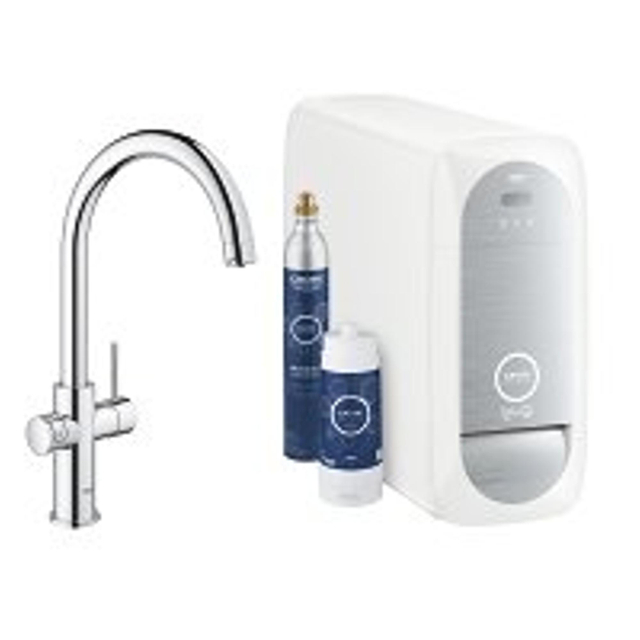 GROHE Blue Home Keukenkraan - C-uitloop - 1-gats - filterfunctie - plat licht en bruisend water - chroom 31455001