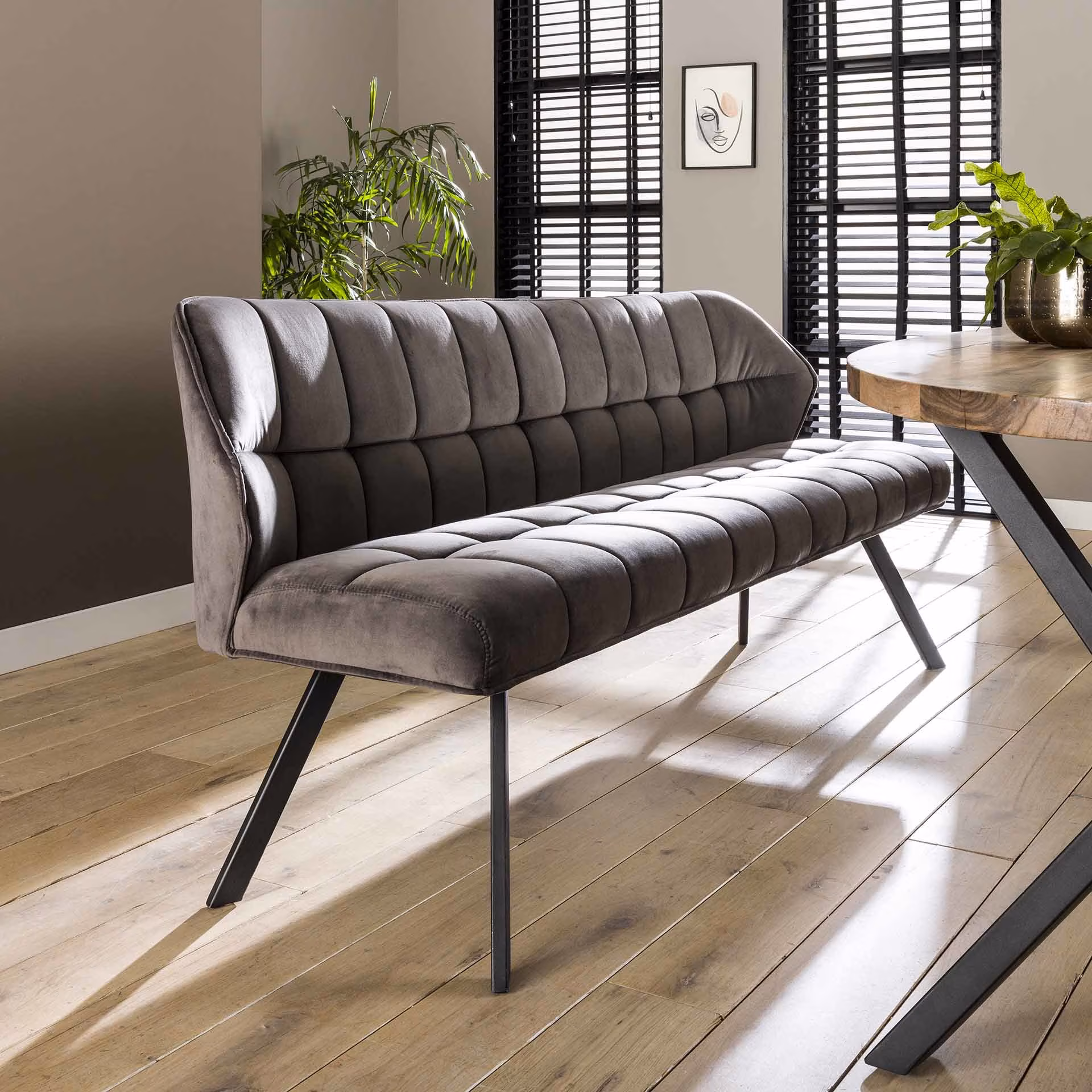 LifestyleFurn Eetkamerbank 'Thandie' Velvet, 180cm, kleur Antraciet