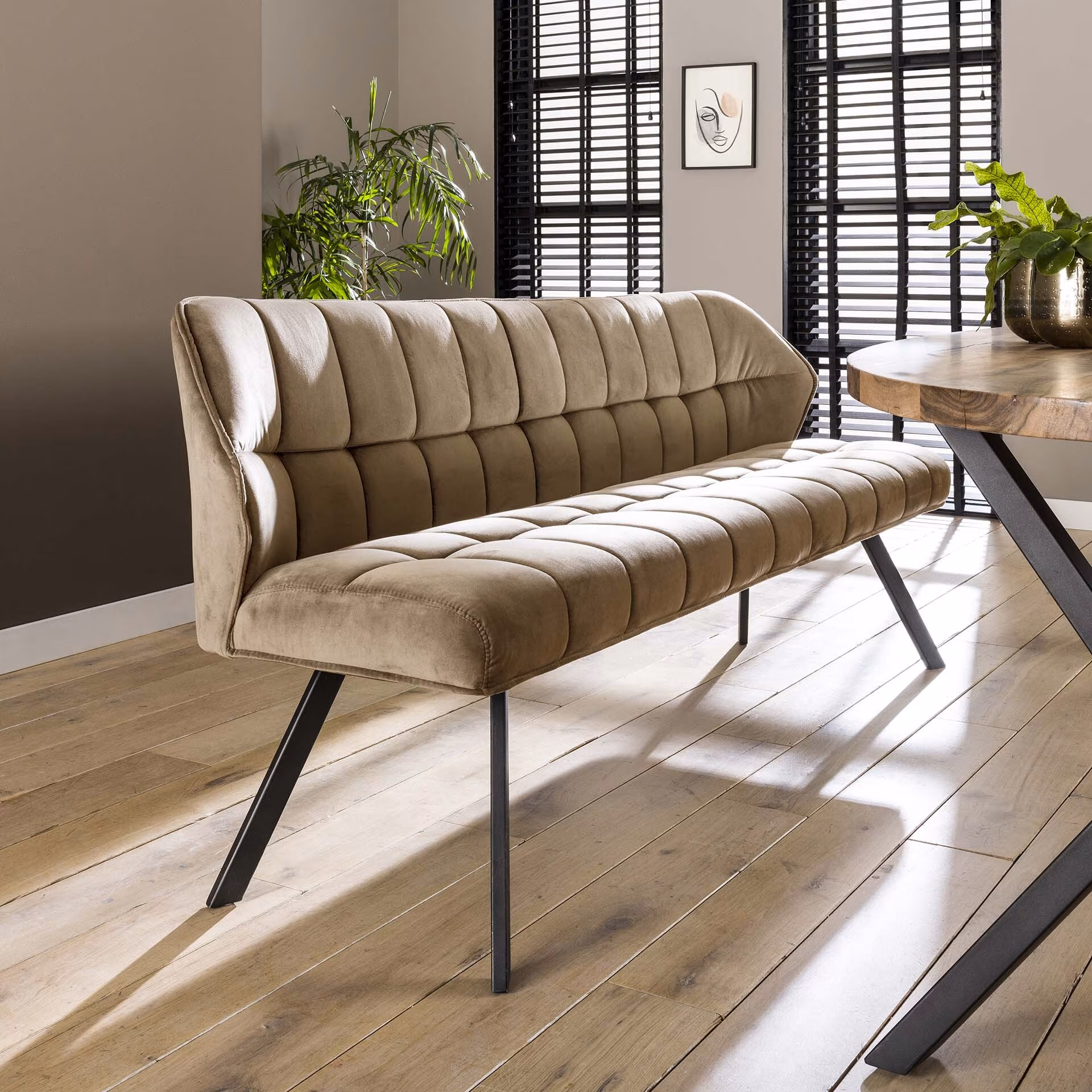 LifestyleFurn Eetkamerbank 'Thandie' Velvet, 180cm, kleur Champagne