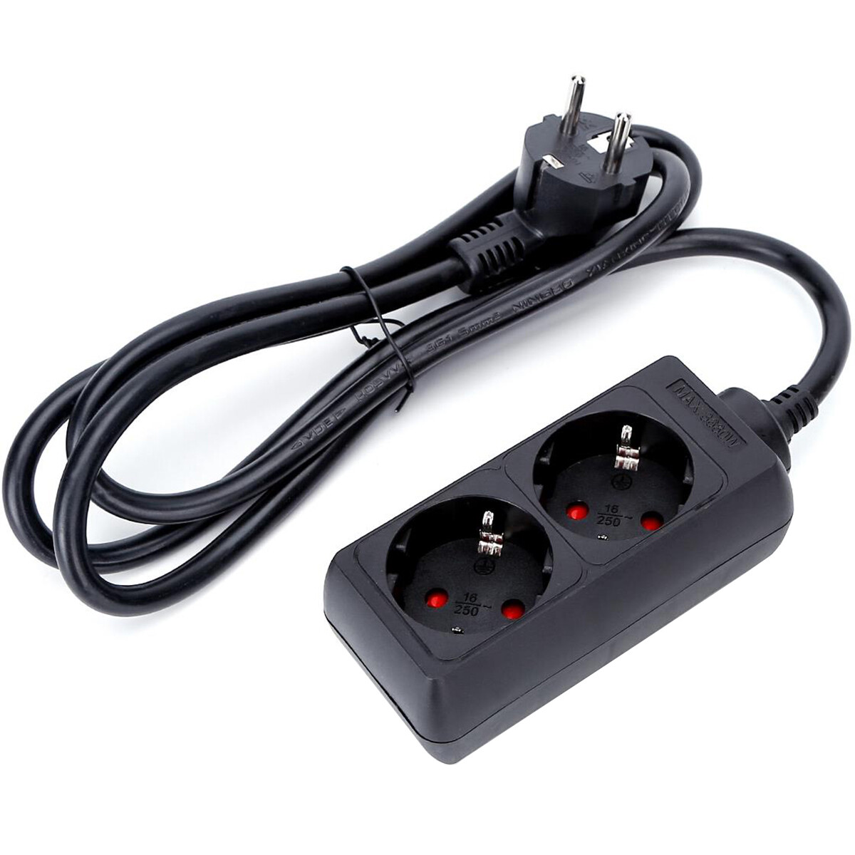 Zwarte Stekkerdoos met Verlengsnoer - 3680W - 2 Stopcontacten - 1.5m