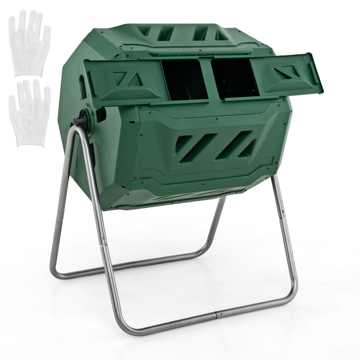 Composter 160 L Dubbele Kamercompostspinner met 2 Schuifdeuren Robuust Metalen Frame 360° Roterende Composter Groen