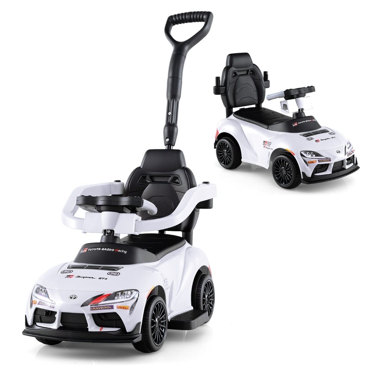 3-in-1 Loopauto Kinderauto met Afneembare Duwstang Veiligheidsbeugel en Voetsteun Duwauto met Opbergruimte Onder de Zitting Loopauto voor Jongens en Meisjes vanaf 3 Jaar Speelgoedauto-Wit