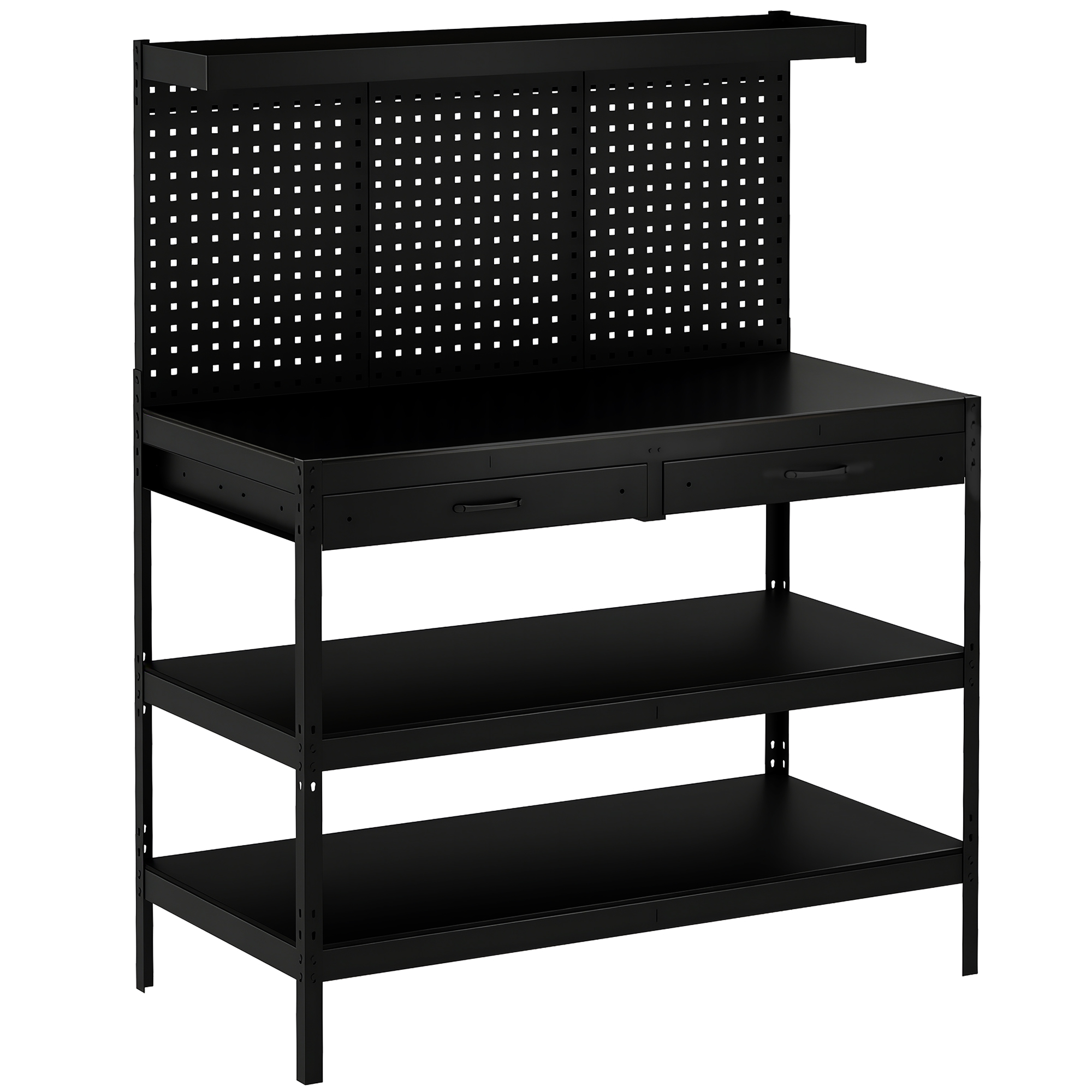HOMCOM Werkbank met verstelbare planken, robuuste werkstation met perforatiewand en 2 lades, 122 x 61 x 156 cm, Zwart