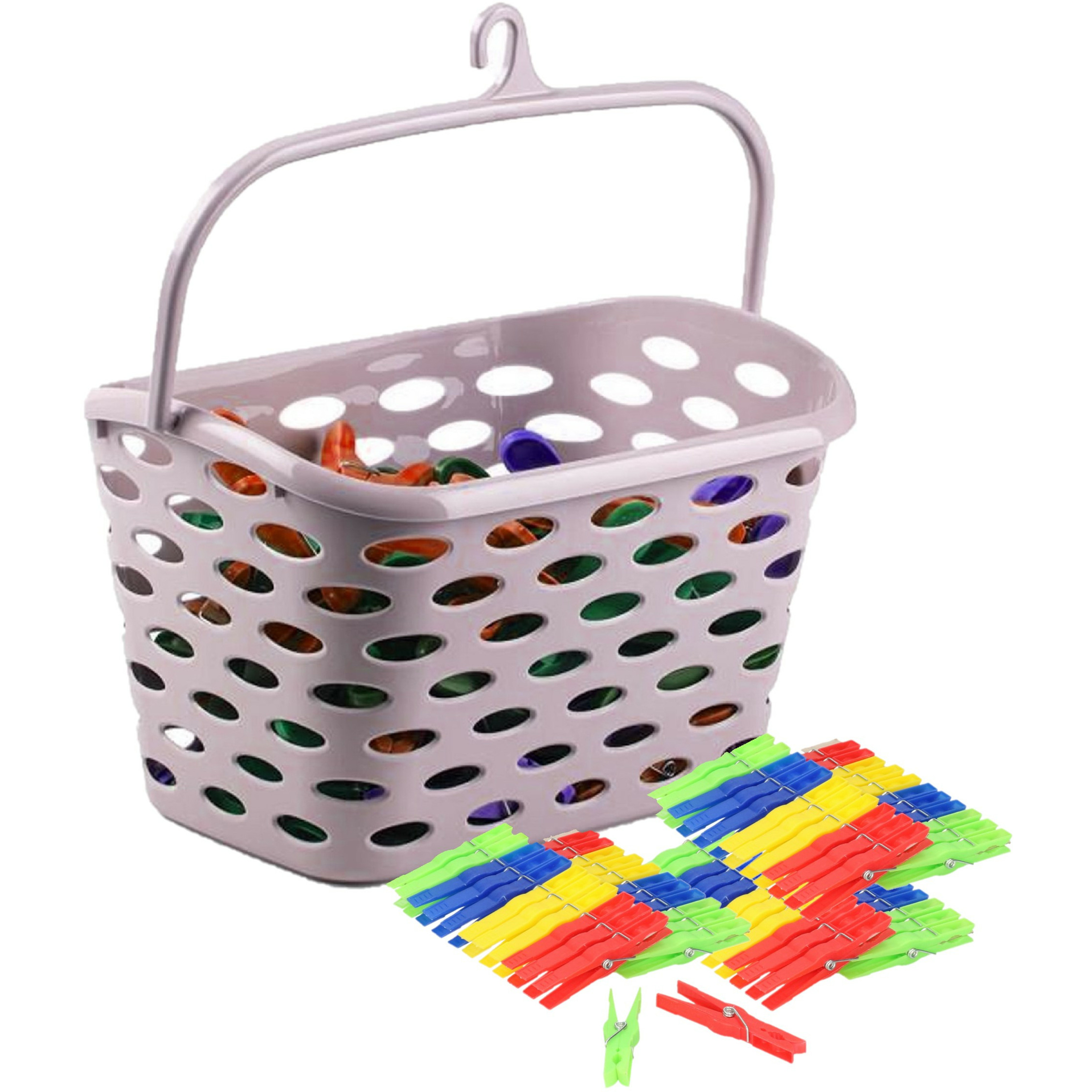 Plasticforte Wasknijpers ophang mandje/bakje - roze - met 72x plastic knijpers -