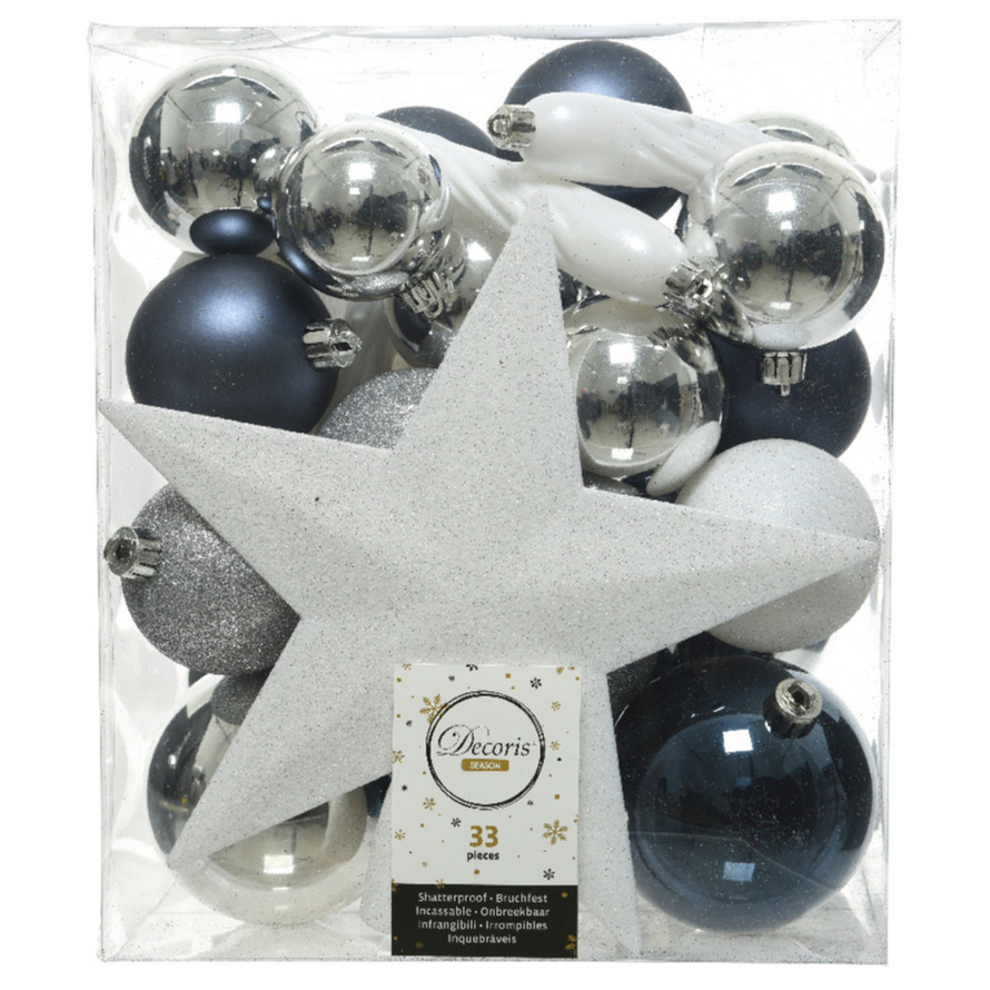 Decoris kerstballen - 34-dlg - blauw/wit/zilver - kunststof - kerstversiering
