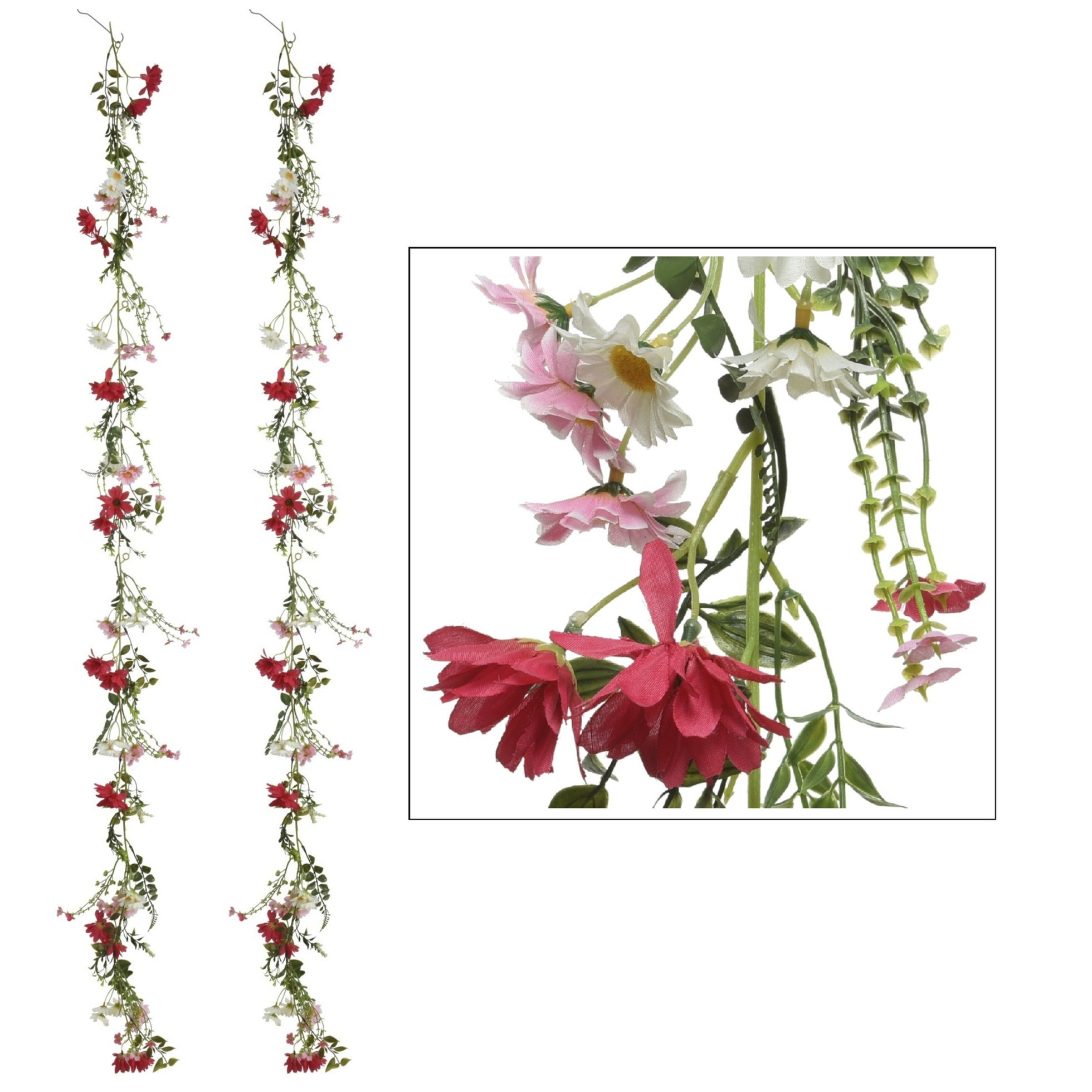 Planten slinger - 2x - kunstplant - roze - 180 cm - kunsttakken - roze/witte bloemetjes