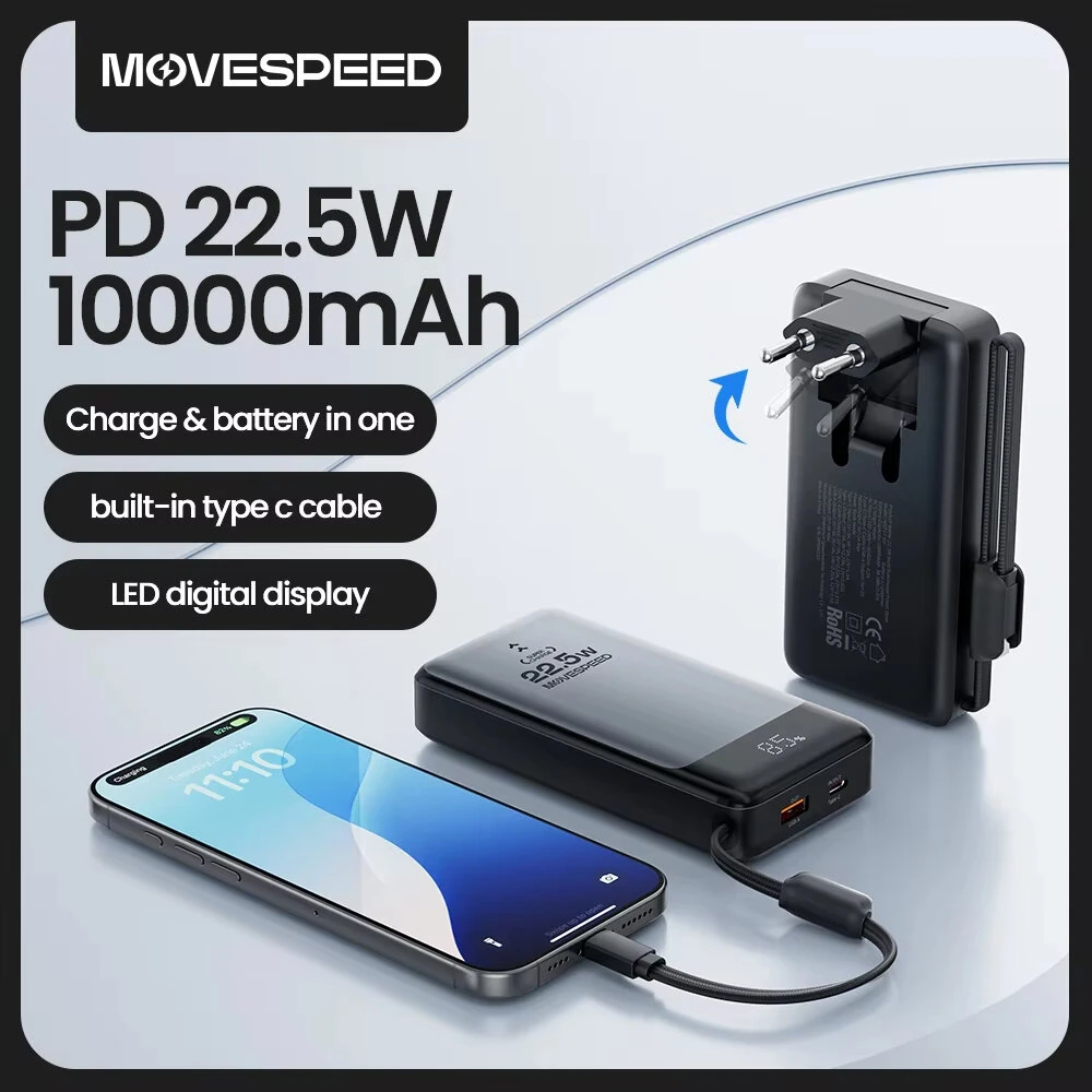 MOVESPEED MSP17-EU PD22.5W 38.5Wh 10000mAh Vouwbare Plug-in Powerbank met Geïntegreerde Type-C Kabel Slimme Voedingsweer