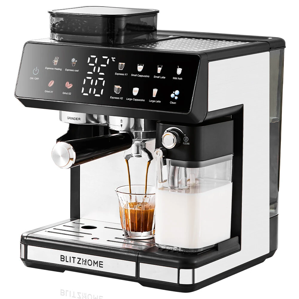 BlitzHome® CM5710 Alles-in-één Espressomachine met Ingebouwde Koffiemolen Dual Boiler, Automatische Melkschuimer Heet &