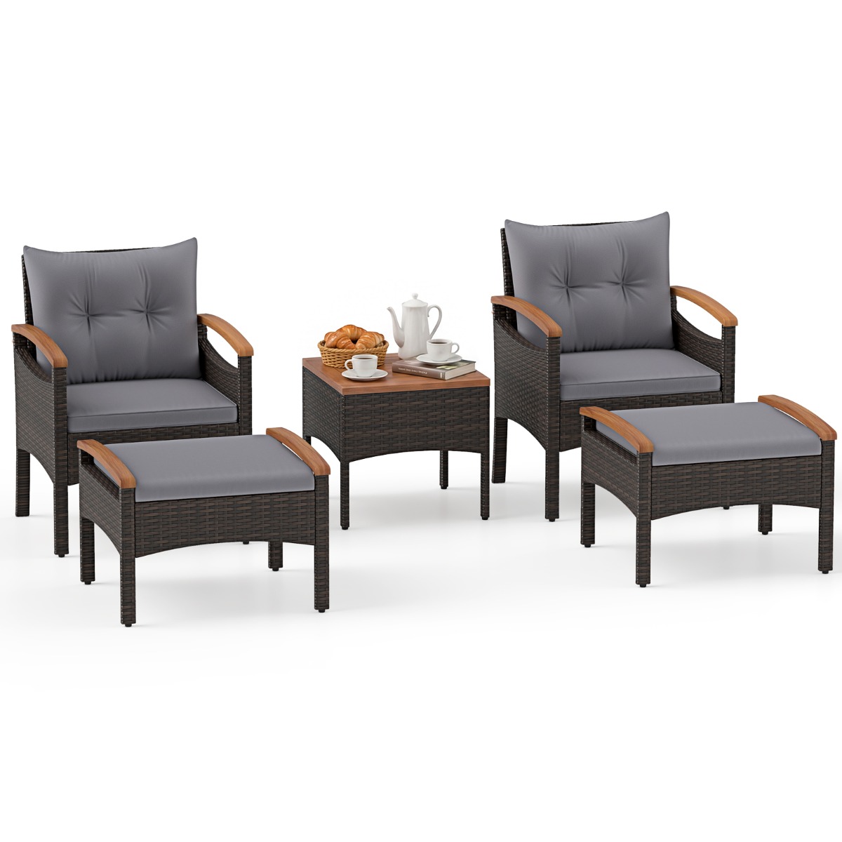 5-delige Tuinmeubelset Balkonmeubelset van PE-rotan Bestaande uit 2 Fauteuils 2 Krukken en een Bijzettafeltje