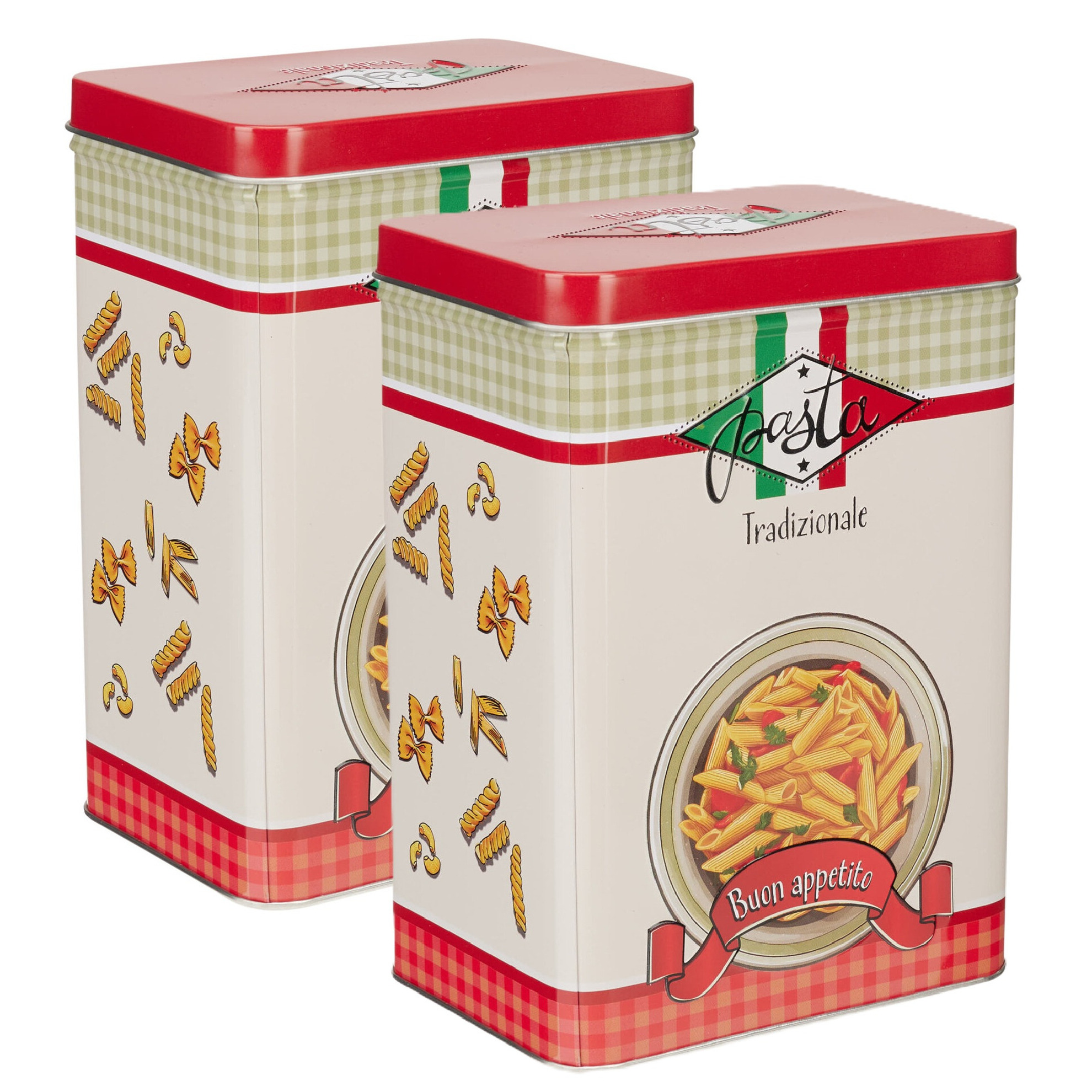 Pasta / spaghetti bewaarblik Nostagia - 2x - rood - metaal - Italiaans - 13 x 9 x 18 cm