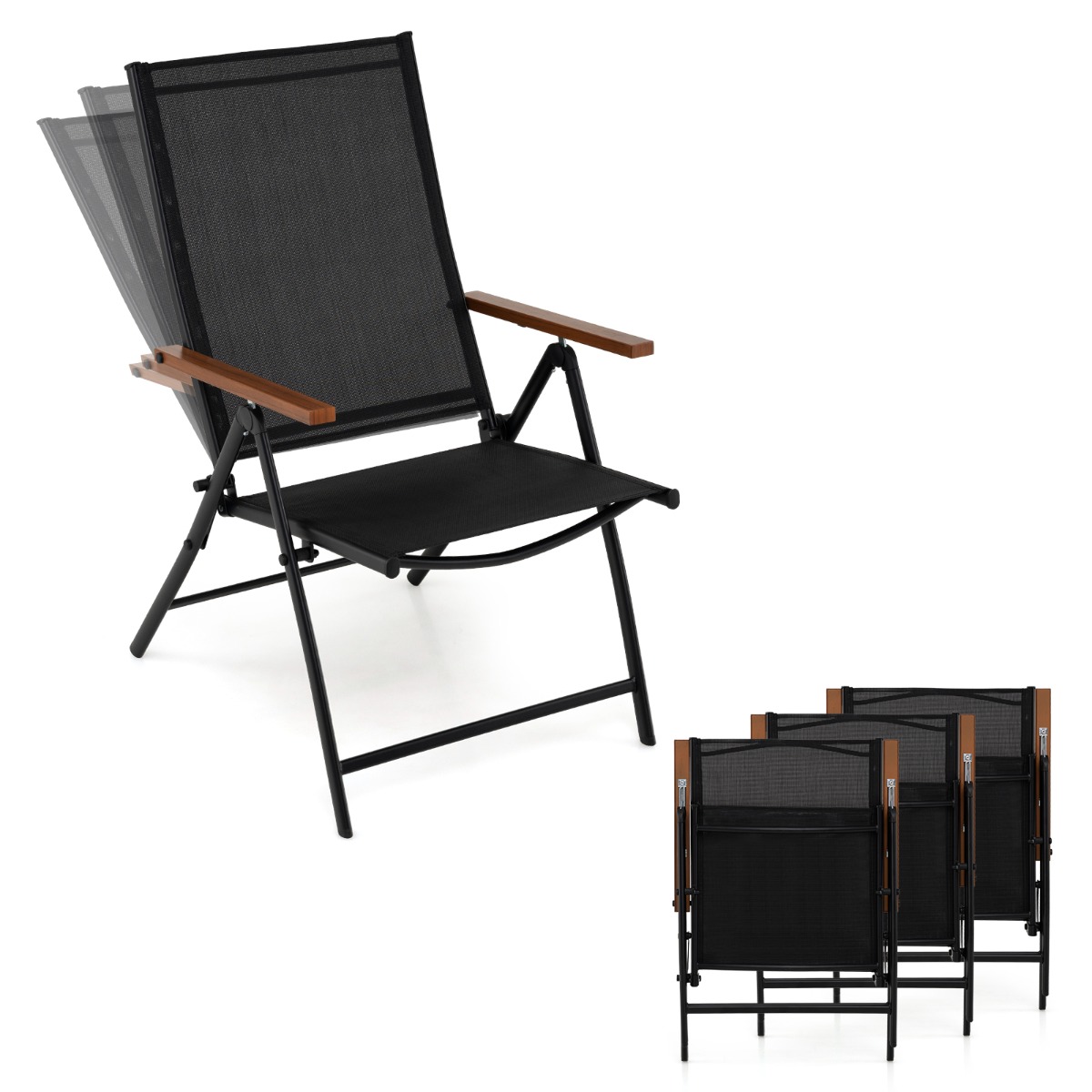 Tuinstoelen Set van 4 Weerbestendige Klapstoel met in 5 Standen Verstelbare Rugleuning Ademende Teslin-stof en Metalen Frame