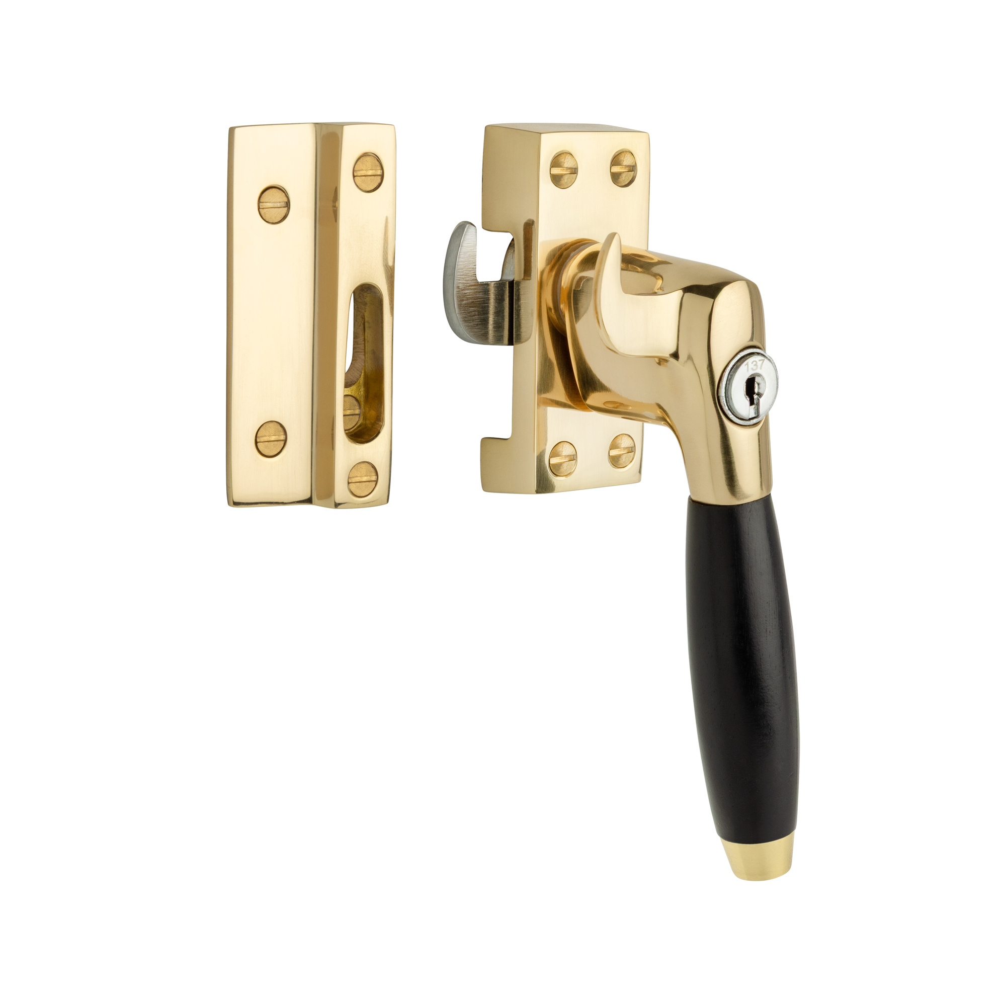 De Oude Deurklink Raamsluiting met slot en ventilatiestand rechts messing gelakt