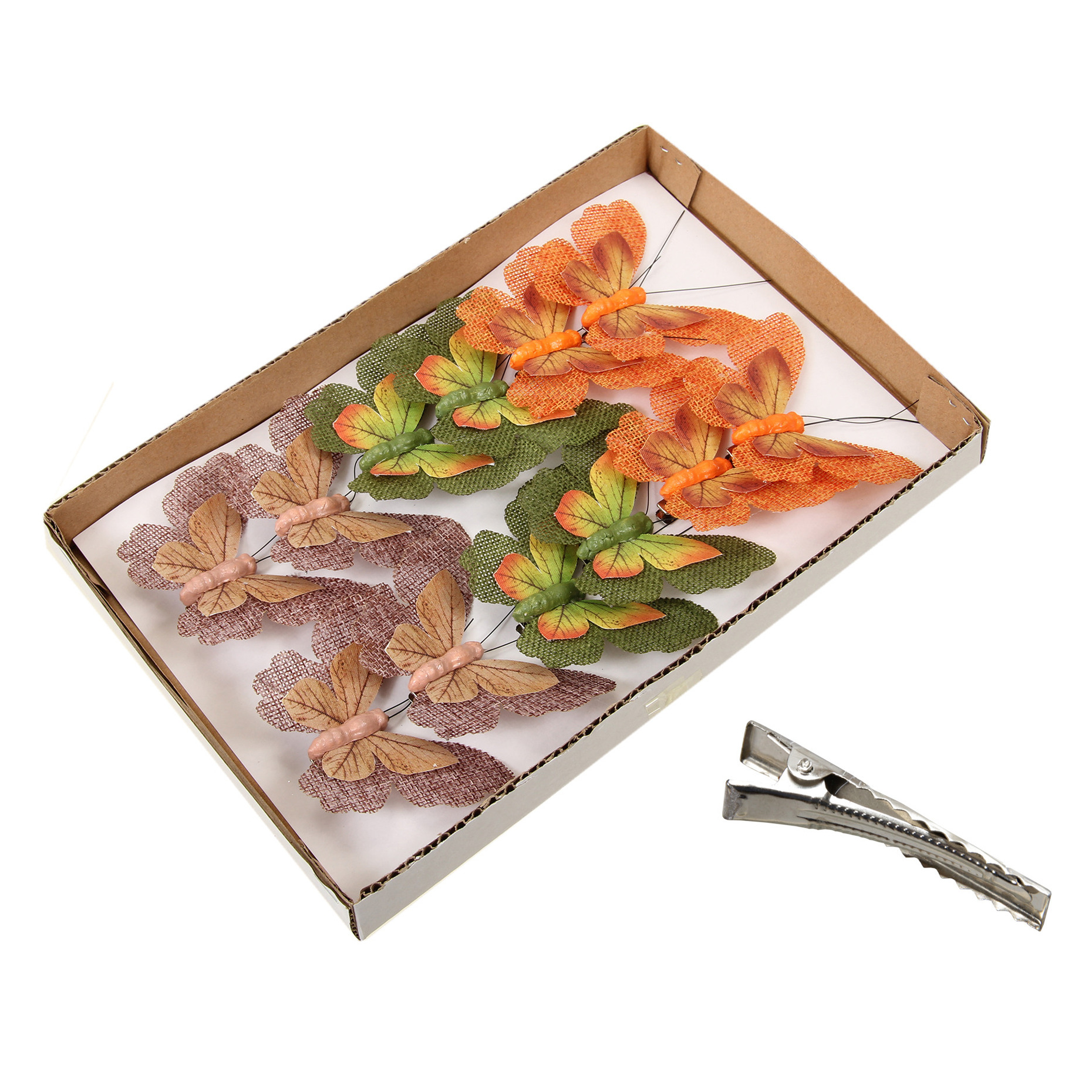 Othmar Decorations vlinders op clip - 12x-oranje, groen en bruin- 9 cm