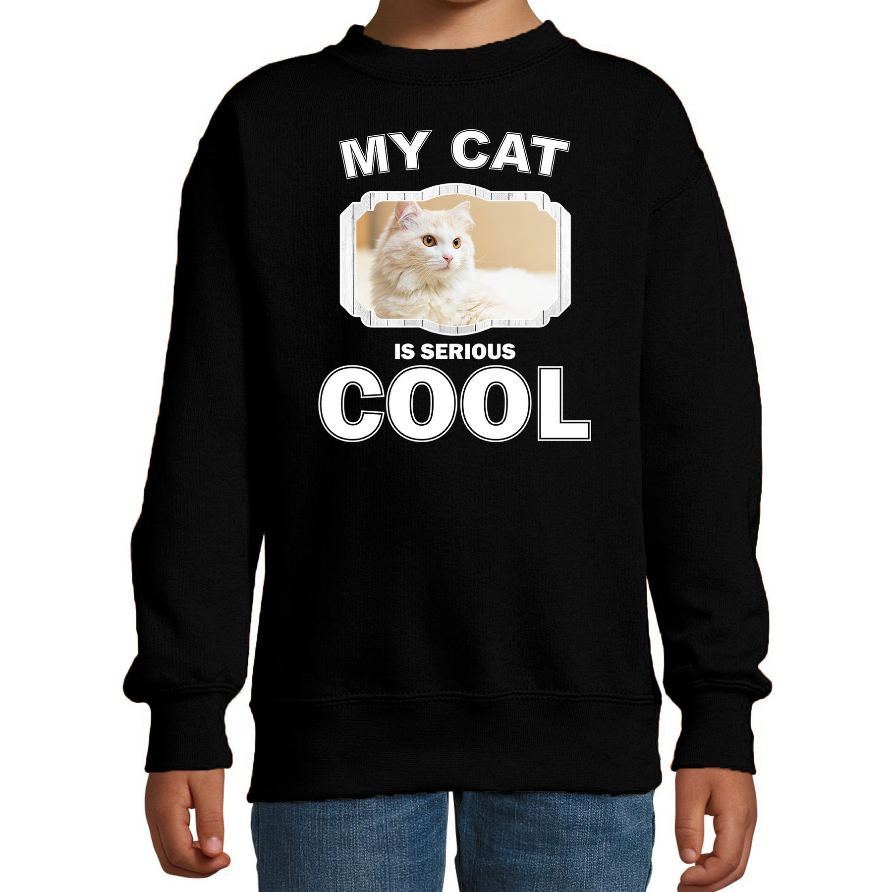 Katten liefhebber trui / sweater Witte kat my cat is serious cool zwart voor kinderen